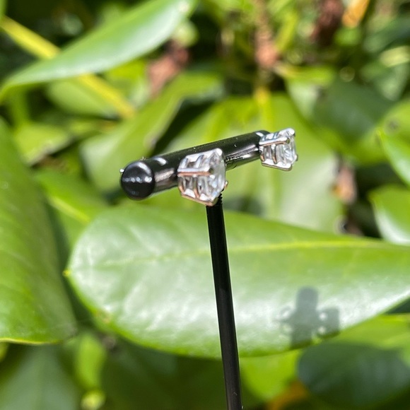 Solid 14k White Gold White (Colorless) Sapphire Round Stud Earrings - Picture 3 of 5